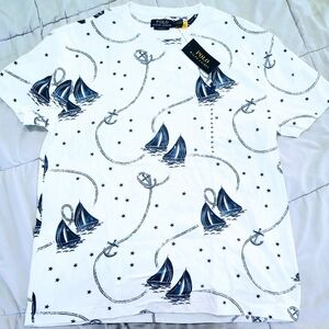 Ralph Lauren White T-Shirt with Navy Sailboat & Rope Print Size Medium NWT